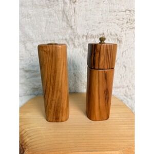 Olive Wood Salt Shaker and Pepper Mill Set Brass Hardware Handcrafted Woodware